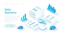 Statistics, document analysis, data collection. Research and information processing. Stacks of documents with graphs, charts.