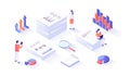 Statistics, document analysis, data collection. Research and information processing. Stacks of documents with graphs, charts