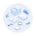 Statistics, document analysis, data collection. Research and information processing. Stacks of documents with graphs, charts