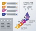 statistics infographics steps with arrow up and earth maps in gray background