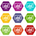 Statistics on monitor icon set color hexahedron