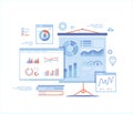 Statistics Presentation. Monitoring and analysis statistical data. Graphs, charts, diagrams, infographics on white board, screens