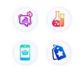 Statistics timer, Smartphone buying and Chemistry lab icons set. Loyalty tags sign. Vector