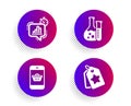Statistics timer, Smartphone buying and Chemistry lab icons set. Loyalty tags sign. Vector
