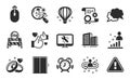Stats, Like and Air balloon icons set. Lift, Buildings and Time management signs. Vector