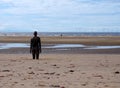 Statue of anthony gormley another place installation on the beach at seffton in southport with the wind turbines at burbo bank in