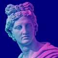 Statue of of Apollo God of Sun. Creative concept colorful neon image with ancient greek sculpture Apollo Belvedere head