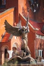 Statue Of Archangel Michael near Red Catholic Church Of St. Simon And St. Helena On Independence Square In Minsk Royalty Free Stock Photo