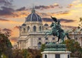 Statue of Archduke Charles and Museum of Natural History dome at sunset, Vienna, Austria