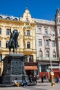 Statue of Ban Jelacic erected on1866 and the beautiful facades of the buildings on the main city square in Zagreb