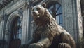 Statue of a bear in front of an institutional building, bullish market trading concept, generative AI image