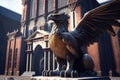 Statue, beast with wings, courtyard, bank, church, cathedral, business building, generative ai,