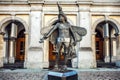 Statue of bird-catcher Papageno (character of Mozarts opera) in front of Stadsschouwburg Theatre. Royalty Free Stock Photo