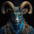 a statue of a blue goat with gold and blue horns