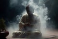 A statue of the Buddha and incense burning. Incense smoke in the dark atmosphere. Buddhism and its deities.