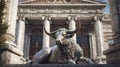 Statue of a bull laying in front of an institutional building, bullish market trading concept, generative AI image