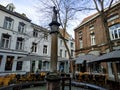 Statue and Cafe at the Sint Amorsplein in Maastricht, Netherlands