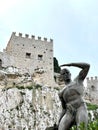 statue with castle of Caccamo, Palermo, Sicily, Italy Royalty Free Stock Photo