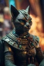 A statue of a cat-like ancient egyptian goddess Bastet sitting on top of a table. Generative AI image.