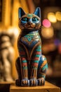 A statue of a cat-like ancient egyptian goddess Bastet sitting on top of a table. Generative AI image.