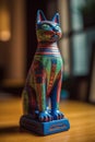 A statue of a cat-like ancient egyptian goddess Bastet sitting on top of a table. Generative AI image.