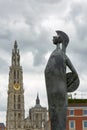 Statue and cathedral in Antwerp in Belgium