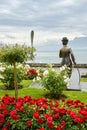 Statue of Charles Chaplin and Fork of Vevey on the shores of Lake Geneva in Vevey, Switzerland