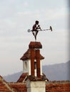 Statue on the chimney of a house with a child singing on a whistle and a bird