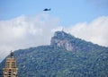 Rio de Janeiro, Brazil, the statue of Christ the Redeemer on mount Corcovado. Helicopter.