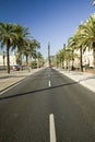 Statue of Christopher Columbus overlooks roadway on Passeig de Colom, next to waterfront of Port Vell, Barcelona, Spain