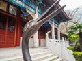 Statue of a crane in front of a pavilion at the Temple of Suprem