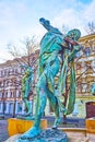 Statue of Danube River with violin of Dancing Fountain Czech Musicians, on March 6 in Prague, Czech Republic