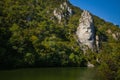 The statue of Decebal carved in the mountain. Decebal`s head carved in rock, Iron Gates Natural Park Royalty Free Stock Photo