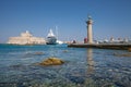 Statue Deer and hound and columns in Mandraki harbor.