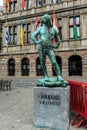 Statue of dock labourer with inscription Labour Freedom in ANTWERP, BELGIUM