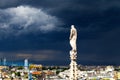 A statue of the Dome of Milan cathedral with the city view before the thunder. Royalty Free Stock Photo