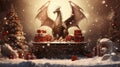 A statue of a dragon waving powerful wings on a podium with New Year\'s gifts and Christmas decorated fir trees.