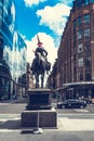 Statue of Duke of Wellington riding a horse, wearing a traffic cone on his head. Glasgow, Scotland