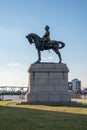 Statue of Edward VII in Liverpool on a blue sky background, vertical shot