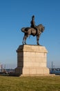 Statue of Edward VII in Liverpool on a blue sky background, vertical shot