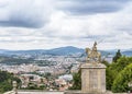 The statue of the equestrian of the year 1819 next to the Bom Jesus do Monte sanctuary overlooking the city of Braga, Portugal Royalty Free Stock Photo