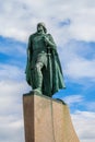 The statue of explorer Leif Erikson in front of Hallgrimskirkja Lutheran parish church in Reykjavik, Iceland