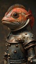 A statue of a fish wearing a suit of armor