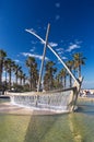 Boat statue in a fountain at the Malvarrosa beach