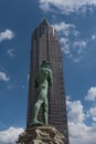 Statue in the Friedrich Ebert Anlage in front of the Messeturm in Frankfurt, Germany