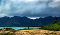 Statue of a Frogman overlooks the Hawaiian beachfront Royalty Free Stock Photo