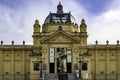 Statue in front of the majestic building on King Tomislav Square. Zagreb, Croatia.