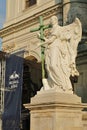 A statue in front of St. Charles Church Karlskirche and Red Bull Music banner on Popfest music festival, Vienna, Austria Royalty Free Stock Photo