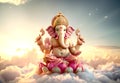 Statue of Ganesha with background sky has fluffy white clouds