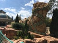 Statue of a giant foot in sandal at the Lost Continent in Universal Studios themepark in Orlando Florida in bright sunlight